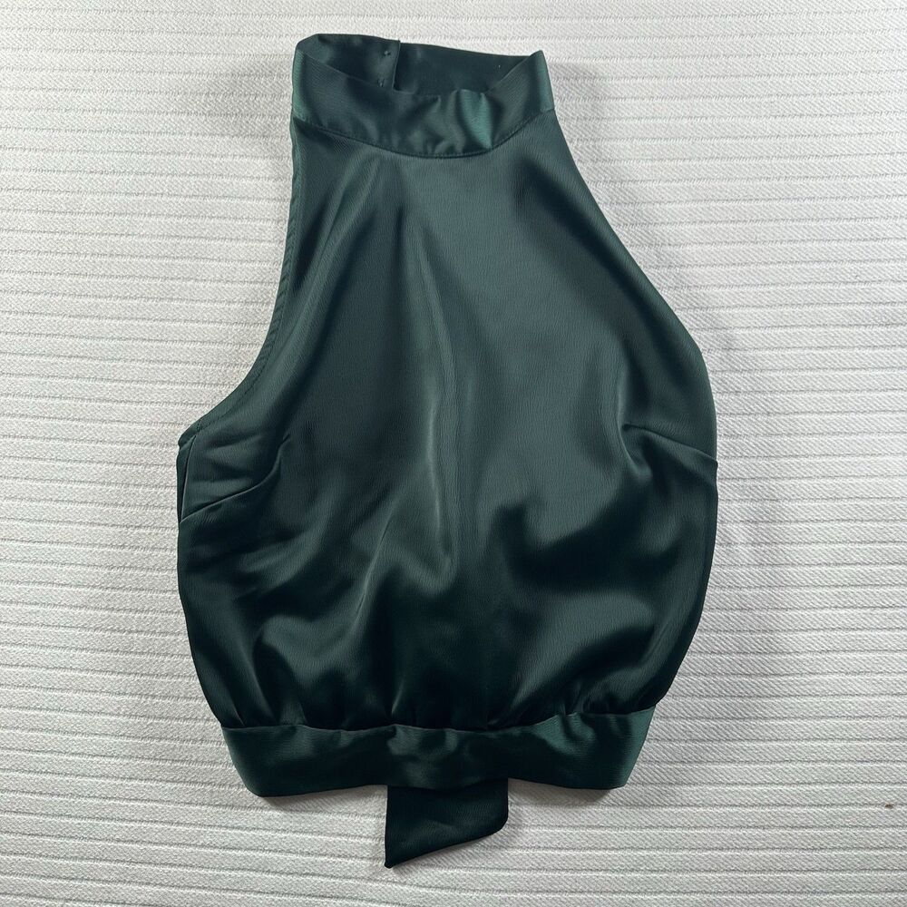 Love Like You Women’s XS Green Satin Halter Crop Top Open Back Tie Neck Blouse